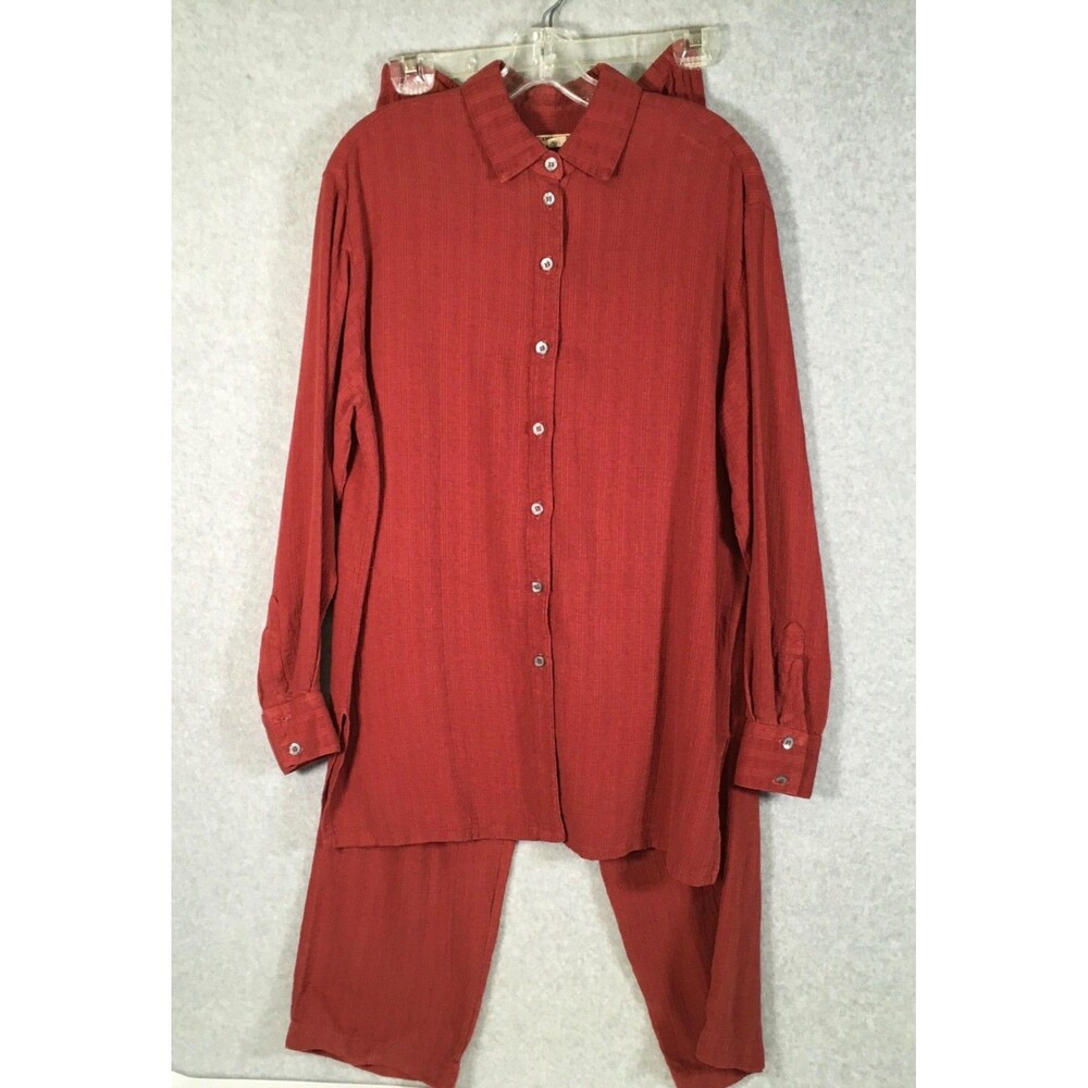 Democracy Womens M Rust Tone Two Piece Linen Blend Shirt and Pants Co Ord Set